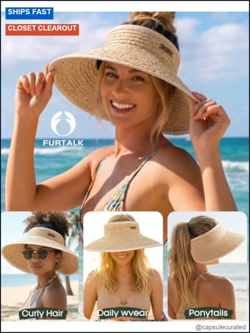 Wide Brim Ponytail Sun Hat Raffia Straw Packable Beach UV Protection